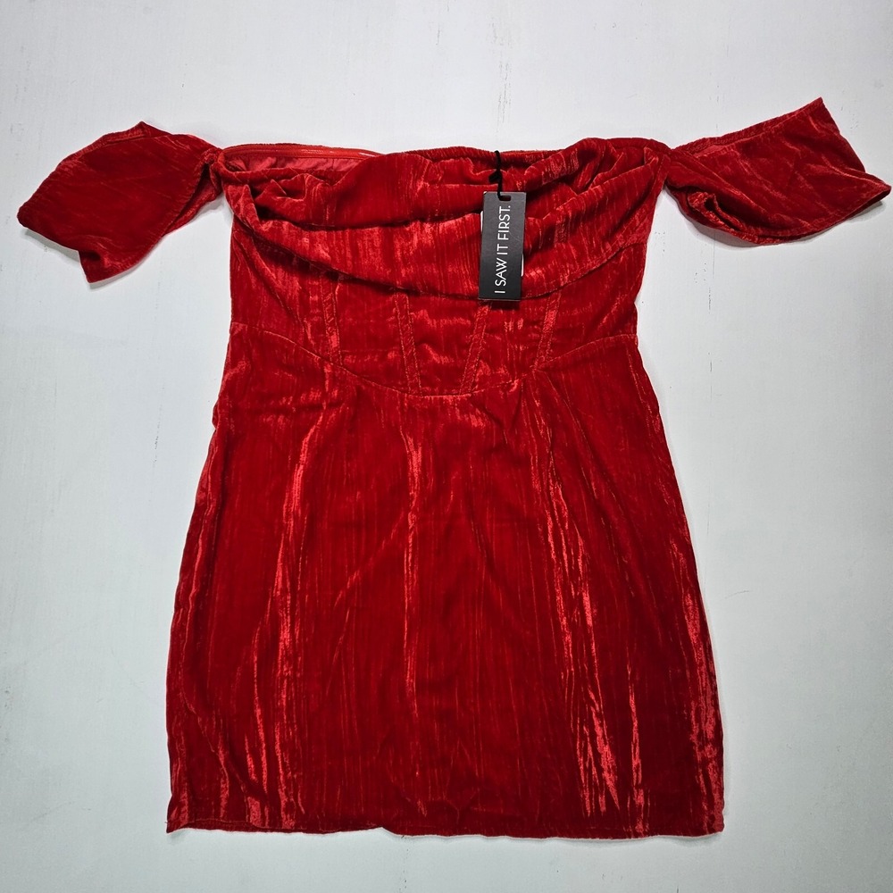 I SAW IT FIRST Textured Velvet Dress Women L Red Off Shoulder Corset Mini NEW